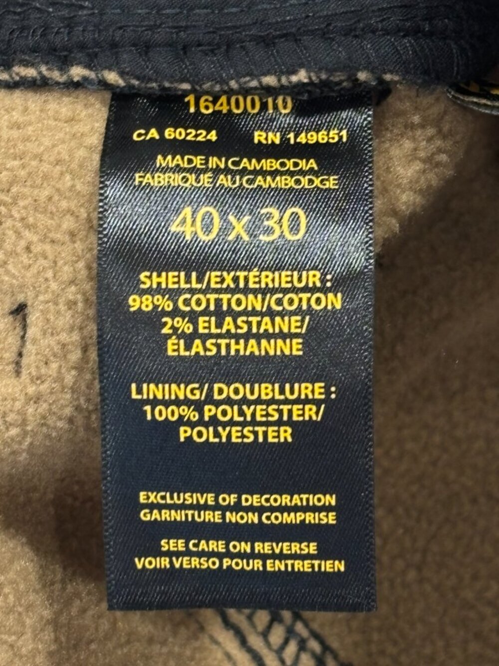 CAT Caterpillar Work Pants Mens 40 x 30 Black Canvas Fleece Lined Insulated - Picture 12 of 14